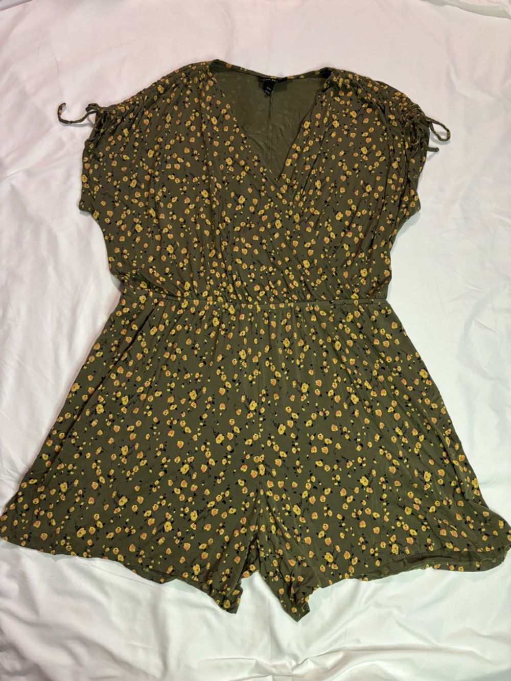 Lane Bryant Olive Green Romper with Yellow Floral Print